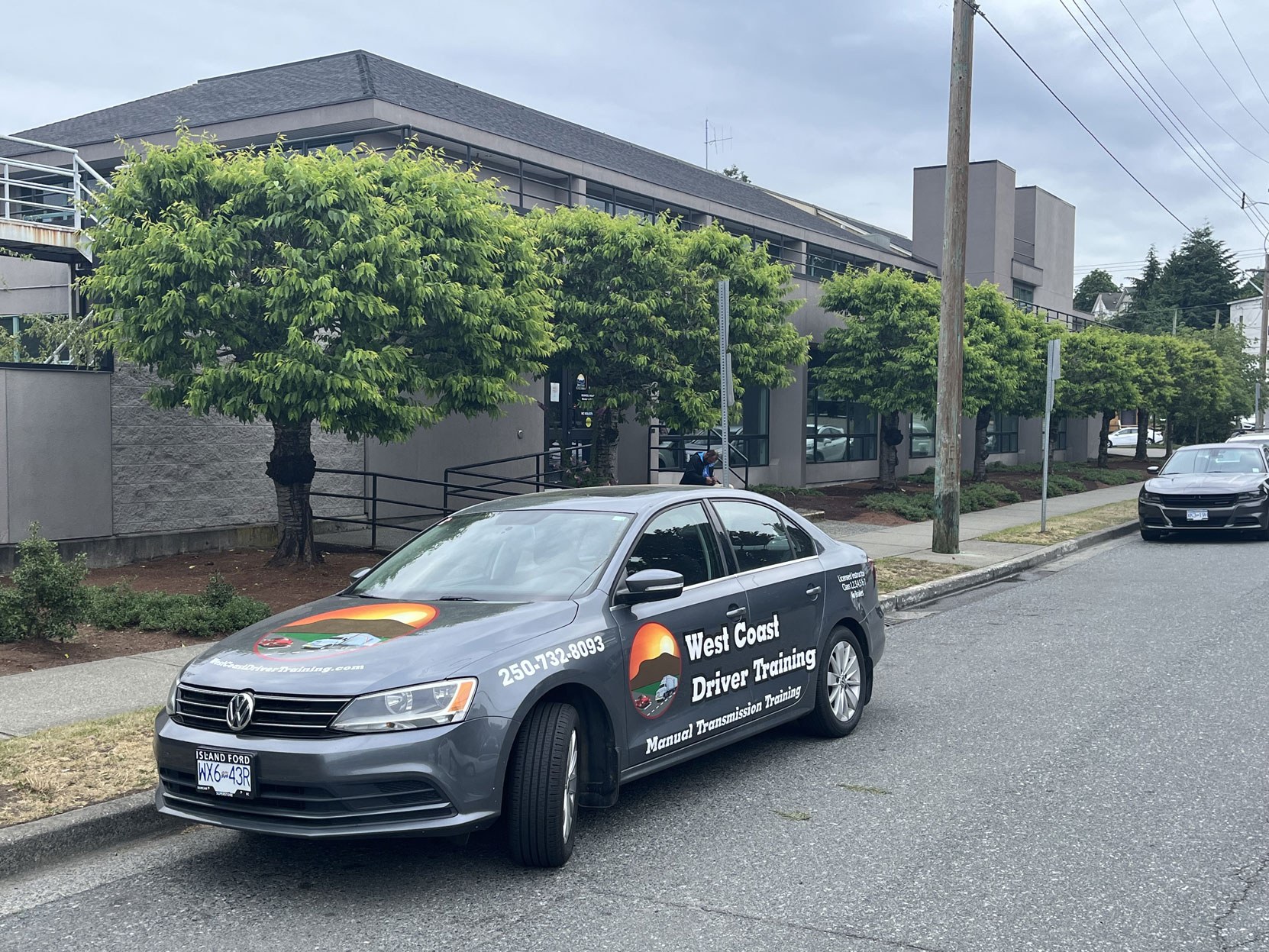 West Coast Driver Training's 2016 VW Jetta, used for teaching manual transmission, outside the ServiceBC office at 460 Selby Street in downtown Nanaimo. This location offers Driver Licensing and Knowledge Test services. It des not offer Road Testing.[photo: Coastal Pathways Driver Training]
